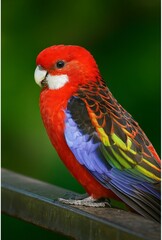 The image features an Eastern Rosella, a brightly colored parrot known for its vivid red, yellow, blue, and green plumage. Native to southeastern Australia,