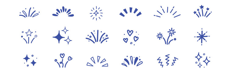 Line icon ray, confetti element set. Starburst line art with hand drawn glitter spark, pop icon shapes and surprise emphasis elements. Decorative sketch style for a sunshine ray vector illustration