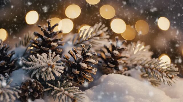 Winter pinecone decoration with snowy evergreen branches and golden bokeh lights