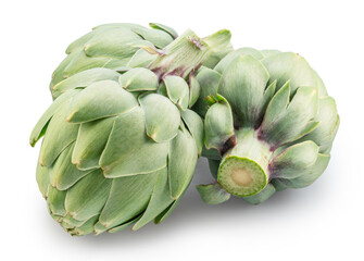 Fototapeta premium Three french artichokes isolated on white background. File contains clipping paths.