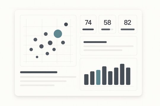 Data visualization dashboard displaying statistical performance metrics with scatter plots and bar graphs illustrating insights into key performance indicators and analytical trends