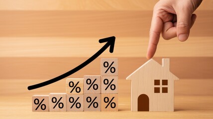 Rising interest rates affecting housing market, hand pointing to wooden house
