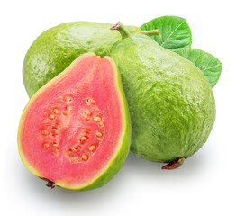 Ripe green guava and cross section of guava with pink flesh on white background. File contains clipping paths.