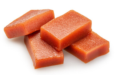 Quince paste cubes or quince marmalade cubes on white background. File contains clipping paths.