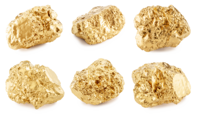 Gold nuggets on white background, clipping paths. Imitation of gold nuggets.