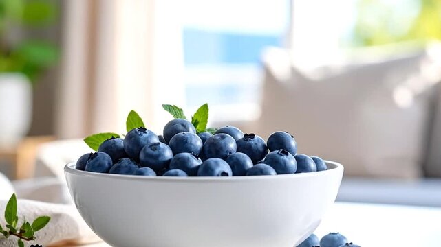 Fresh Blueberries in White Bowl on Table, Close-Up