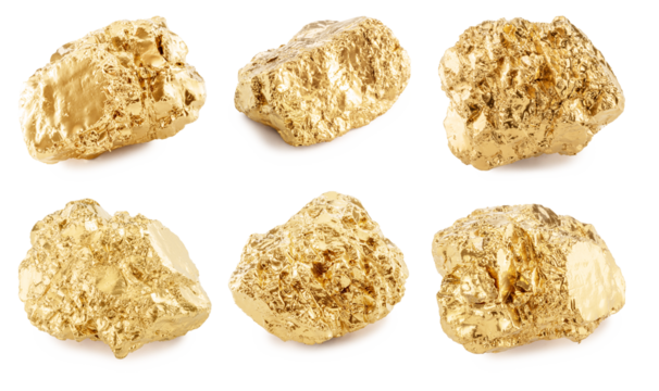 Gold nuggets on white background, clipping paths. Imitation of gold nuggets.