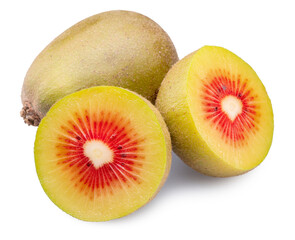 Red kiwifruit and cross section of red kiwi on white background. File contains clipping paths.