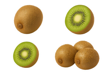 Fototapeta premium Ultra-realistic 8K studio photograph of a kiwi fruit isolated on transparent background, including whole fruit, sliced half, cross-section, and group with water droplets.