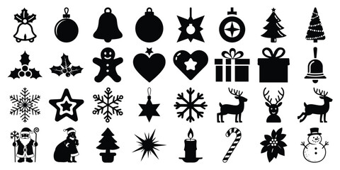 Christmas Silhouette Icon Set – Bells, Ornaments, Snowflakes, Reindeer, Gifts and Holiday Elements