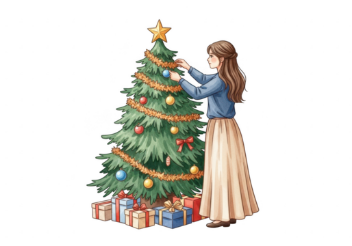 Young woman decorating a christmas tree with gifts below, isolated on transparent background