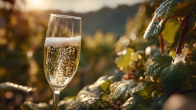 Sampling premium sparkling brut champagne in the sunlit vineyards of Cote des Blancs near Cramant and Avize France outdoors