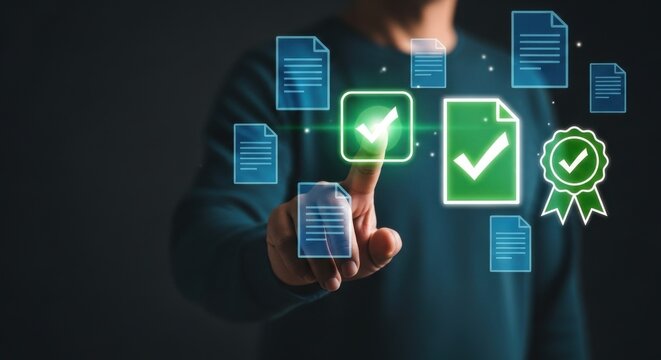 Man touching virtual screen with document and approval check mark icons