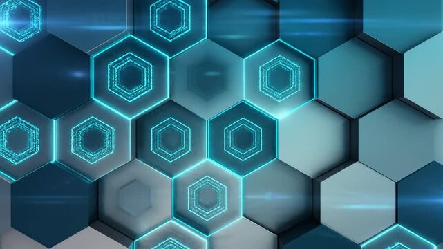 Abstract Digital Hexagon Grid With Glowing Blue Circuitry And Lens Flares In A Cool Toned Background