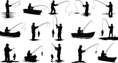 Set of fisherman silhouettes actively fishing with rods, standing in water or sitting in boats, illustrating sport, hobby, and outdoor leisure vector designs.