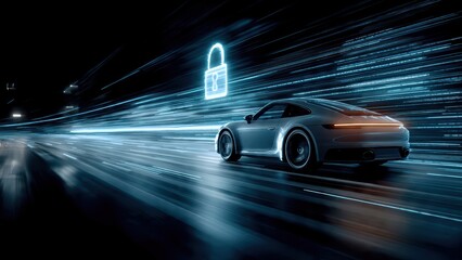 Car cybersecurity concept in a glowing digital network environment