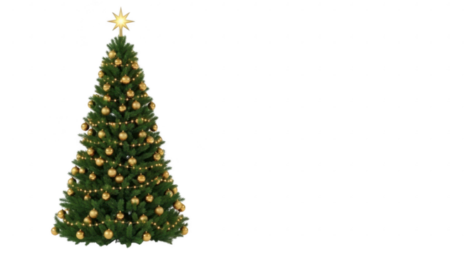 Decorated christmas tree with golden ornaments isolated on transparent background