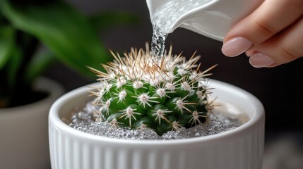 close-up of hand watering a cactus in minimalist white pot