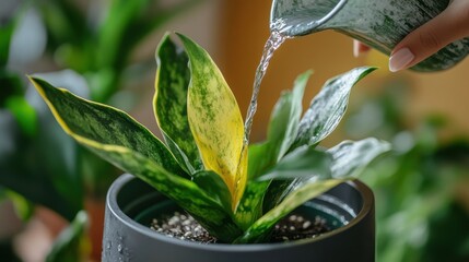close-up hand pouring water on indoor snake plant