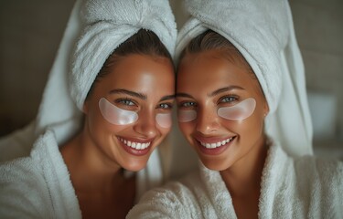 Two contented women with towels on their heads and under-eye patches taking a picture