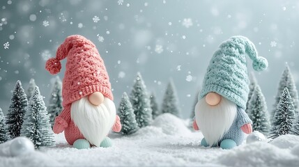 Cozy Winter Scene with Cute Dwarfs and Snowflakes