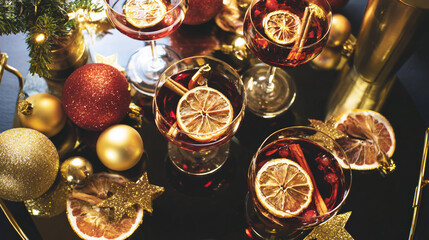 Festive holiday drinks with garnishes, surrounded by colorful ornaments on a table, creating a joyful celebration atmosphere. Christmas and New Year background