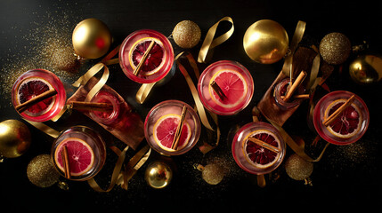 Festive holiday drinks with red garnishes and golden decorations on a dark background, perfect for Christmas or New Year celebrations.
