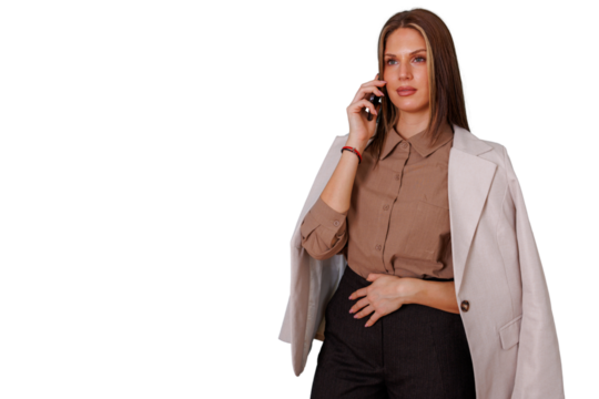 Professional businesswoman talking on phone, communicating on a mobile device, managing business calls, transparent background