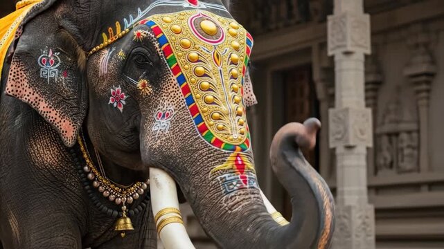 Majestic elephant in vibrant festival attire walking gracefully in traditional ceremony