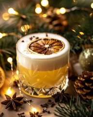 A festive cocktail with dried lemon garnish surrounded by pine branches and holiday decorations, ideal for seasonal celebrations.