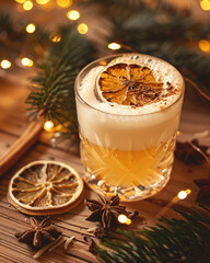 Cocktail in a glass adorned with dried lemon slice, surrounded by festive decorations. Warm lighting creates a cozy atmosphere ideal for seasonal celebrations.