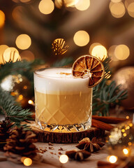 A festive cocktail garnished with a dried orange slice, surrounded by pine cones and holiday lights, perfect for celebrations and winter gatherings.