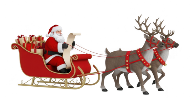 Santa claus in a sleigh pulled by reindeer, isolated on transparent background