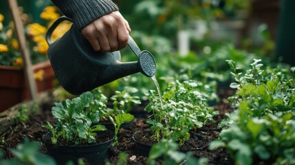 hand with watering can nurturing seedling in outdoor garden 