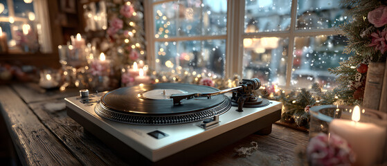 Music playing on a vintage turntable with snow and holiday decorations in a cozy room filled with Christmas lights and a festive atmosphere
