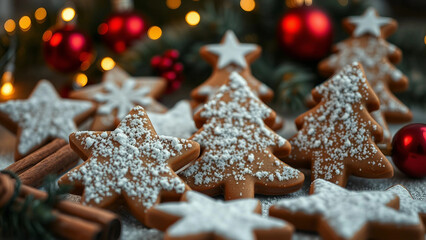 Festive Christmas cookies shaped like stars and trees, decorated with powdered sugar, surrounded by holiday ornaments and cinnamon sticks, perfect for seasonal themes.