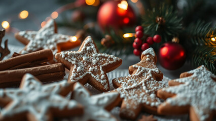 Festive gingerbread cookies shaped like stars and trees, dusted with powdered sugar, surrounded by Christmas decorations and warm holiday lights.