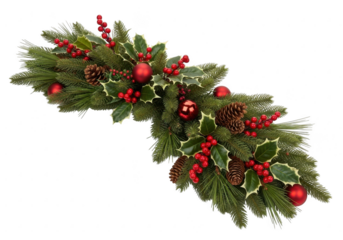 Christmas garland with holly, berries, pinecones, and ornaments isolated on transparent background