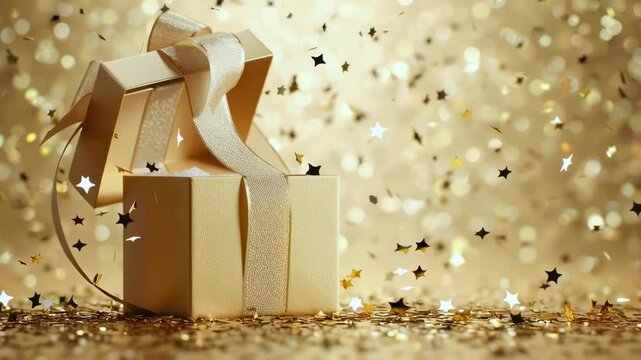 Gold gift box in luxury in shiny spotlight.Celebration and giving festival event concepts