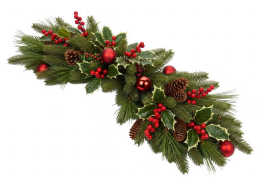 Christmas garland with holly, berries, pinecones, and ornaments isolated on transparent background