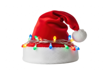 Santa hat with colorful christmas lights isolated on transparent background