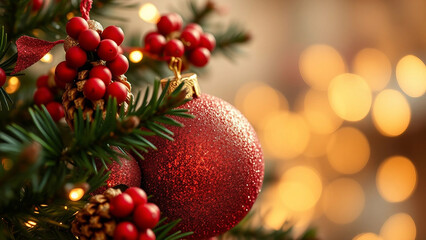 Close-up of a Christmas tree branch featuring red ornaments and berries, with blurred golden lights in the background, creating a festive atmosphere.