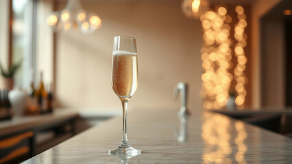 Sparkling champagne in a flute glass on a marble counter, with a softly lit background creating an elegant atmosphere, perfect for celebrations. Christmas and New Year party