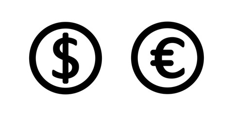 Minimalist dollar and euro currency icon isolated on white background, ideal for finance apps, banking, global money exchange, investment, budgeting, and economic concepts.