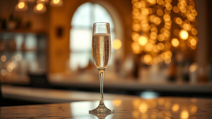 Sparkling champagne in a flute glass on a marble counter, with a softly lit background creating an elegant atmosphere, perfect for celebrations. Christmas and New Year celebration