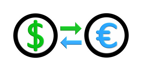 Colorful euro and dollar exchange icon with arrows, isolated on white background. Perfect for finance apps, currency conversion, banking services, forex trading, and money exchange visuals.