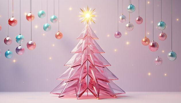 Choinka bożonarodzeniowa w kolorach r&oacute;żu z prezentami i gwiazdą betlejemską