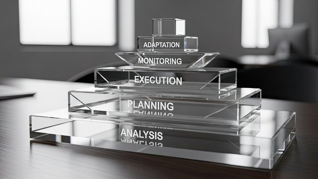 Elegant crystal pyramid visualizing business strategy steps analysis, planning, execution, monitoring, and adaptation for success in a modern workspace