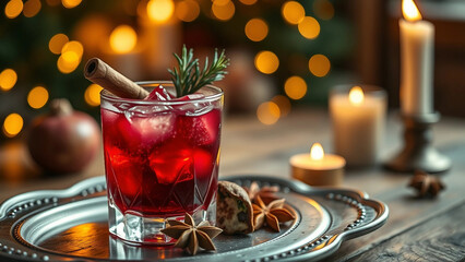Close-up of a festive red cocktail garnished with herbs, placed on a silver platter with candles and a blurred holiday background. New Year and Christmas cocktail