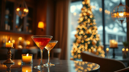 Elegant Christmas setting with cocktails on a table, surrounded by lit candles and a beautifully decorated tree in the background. New Year and Christmas dinner